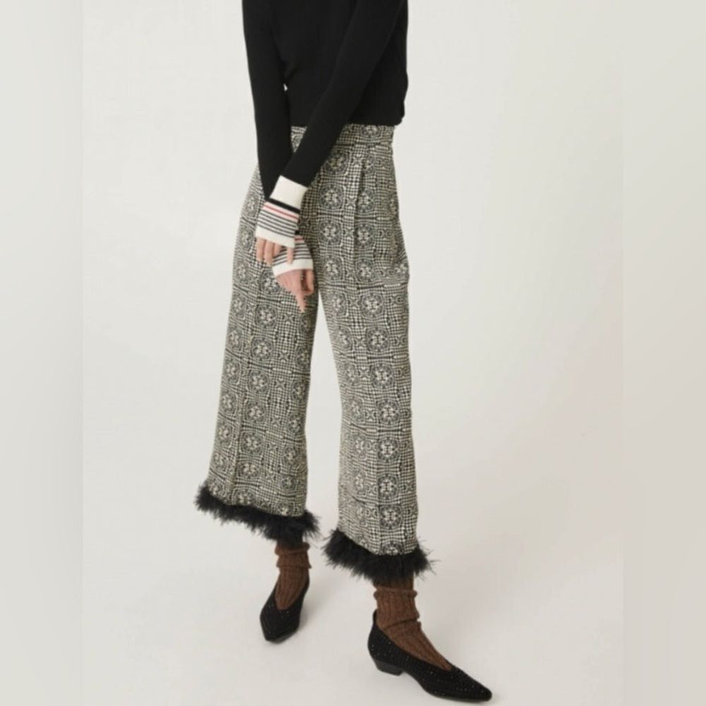 BEATRICE B Italy Women's Wide Leg Ostrich Feather Trim Satin Sheen Pull On Pant